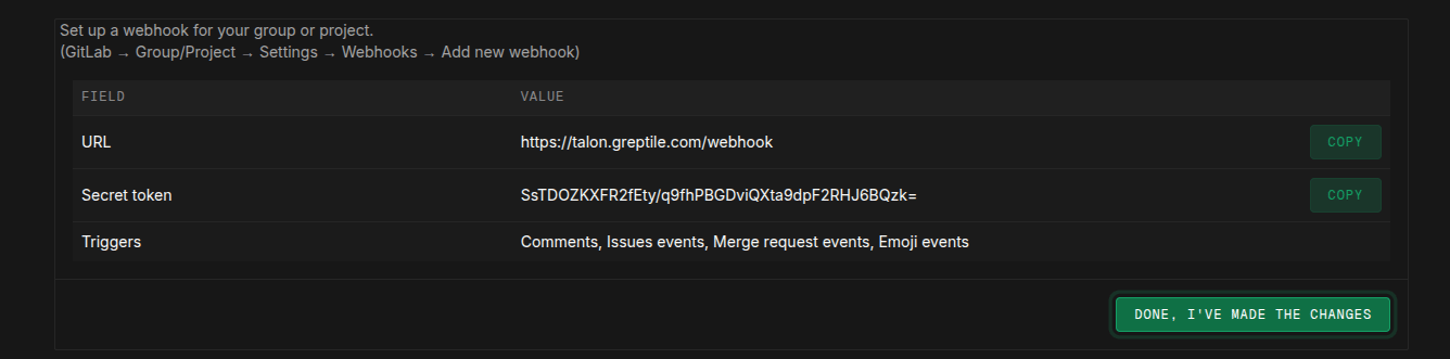 Greptile GitLab webhook configuration details with URL, secret token, and required triggers