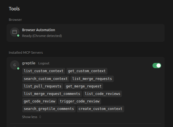 Greptile MCP enabled in Cursor