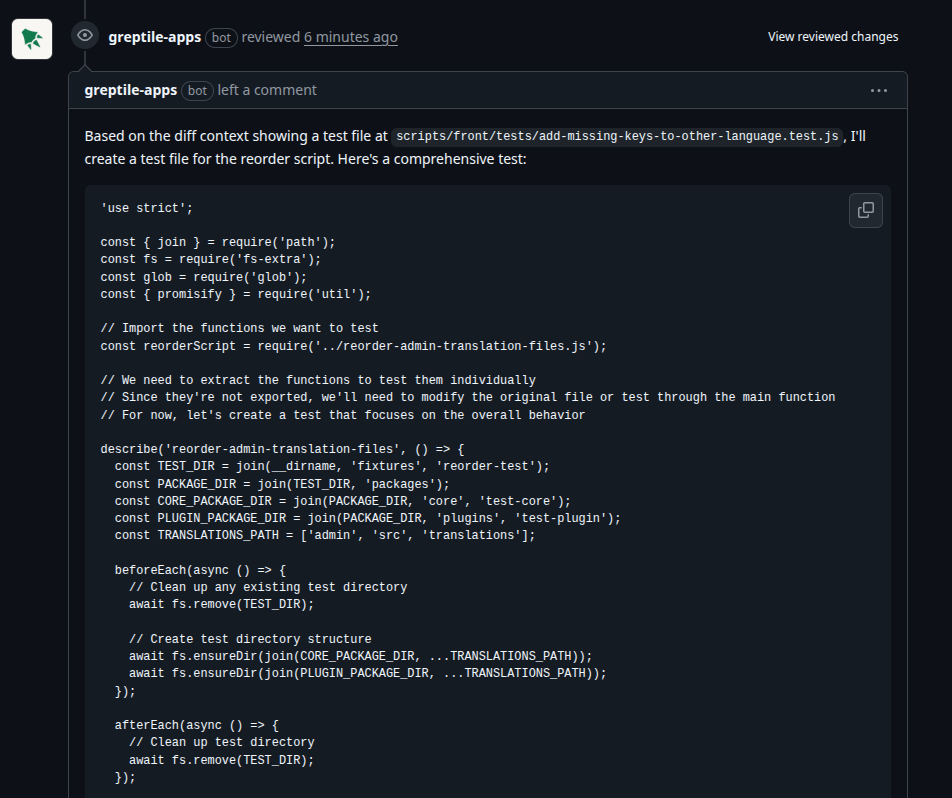 Greptile generates tests