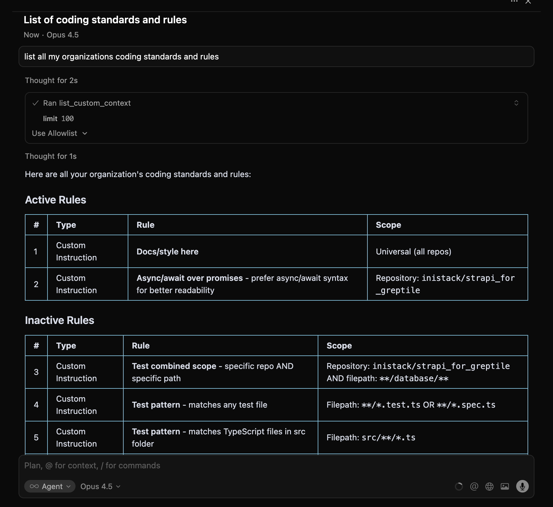 List org coding standards with mcp