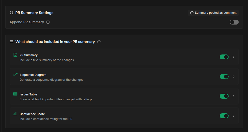 PR summary settings