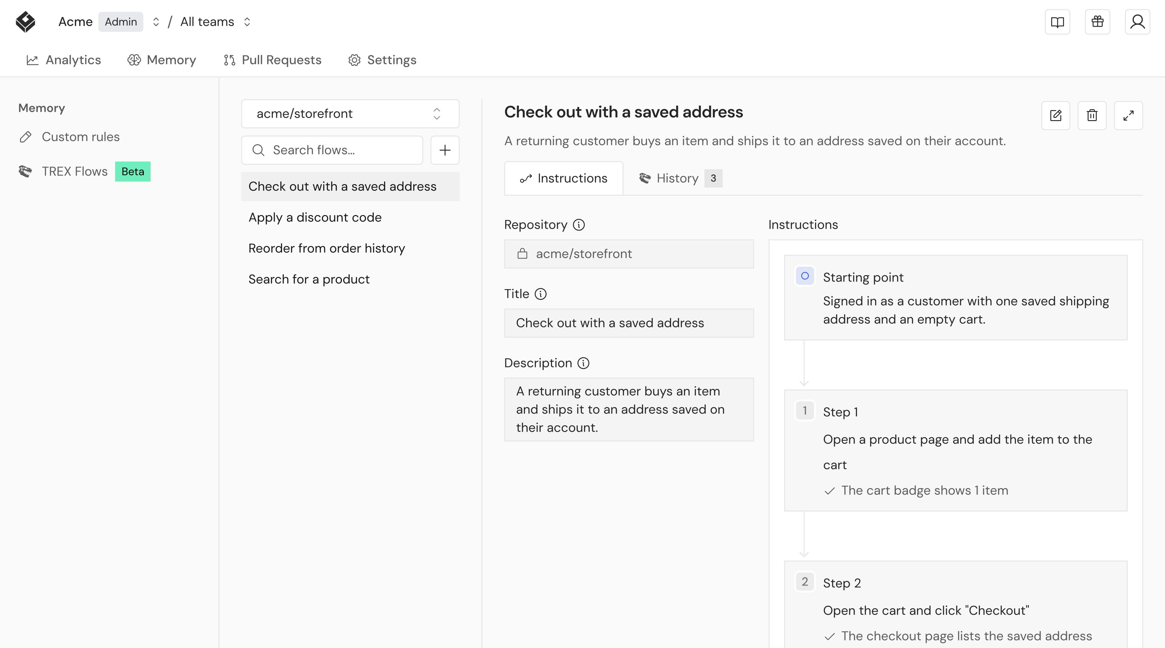 TREX Flows with a repository's flows and one flow's instructions open