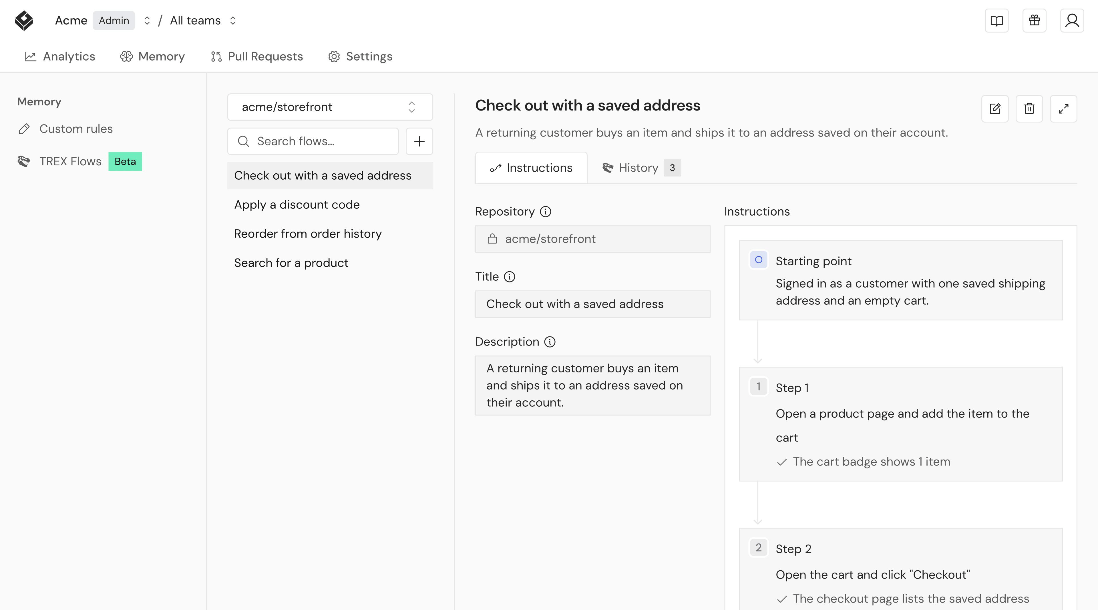 TREX Flows with a repository's flows and one flow's instructions open