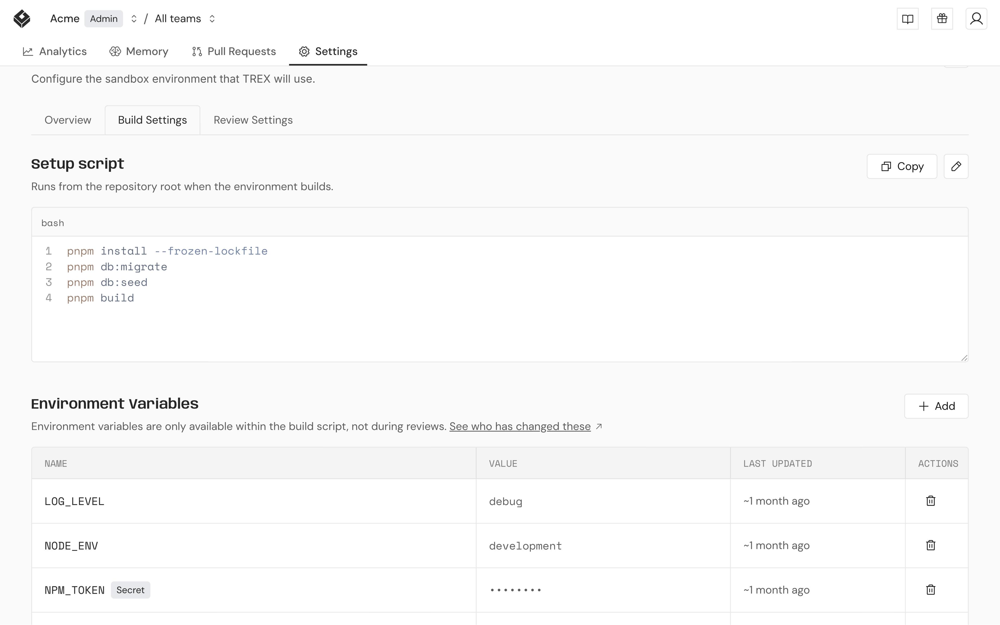 Environment build settings with setup script and variables
