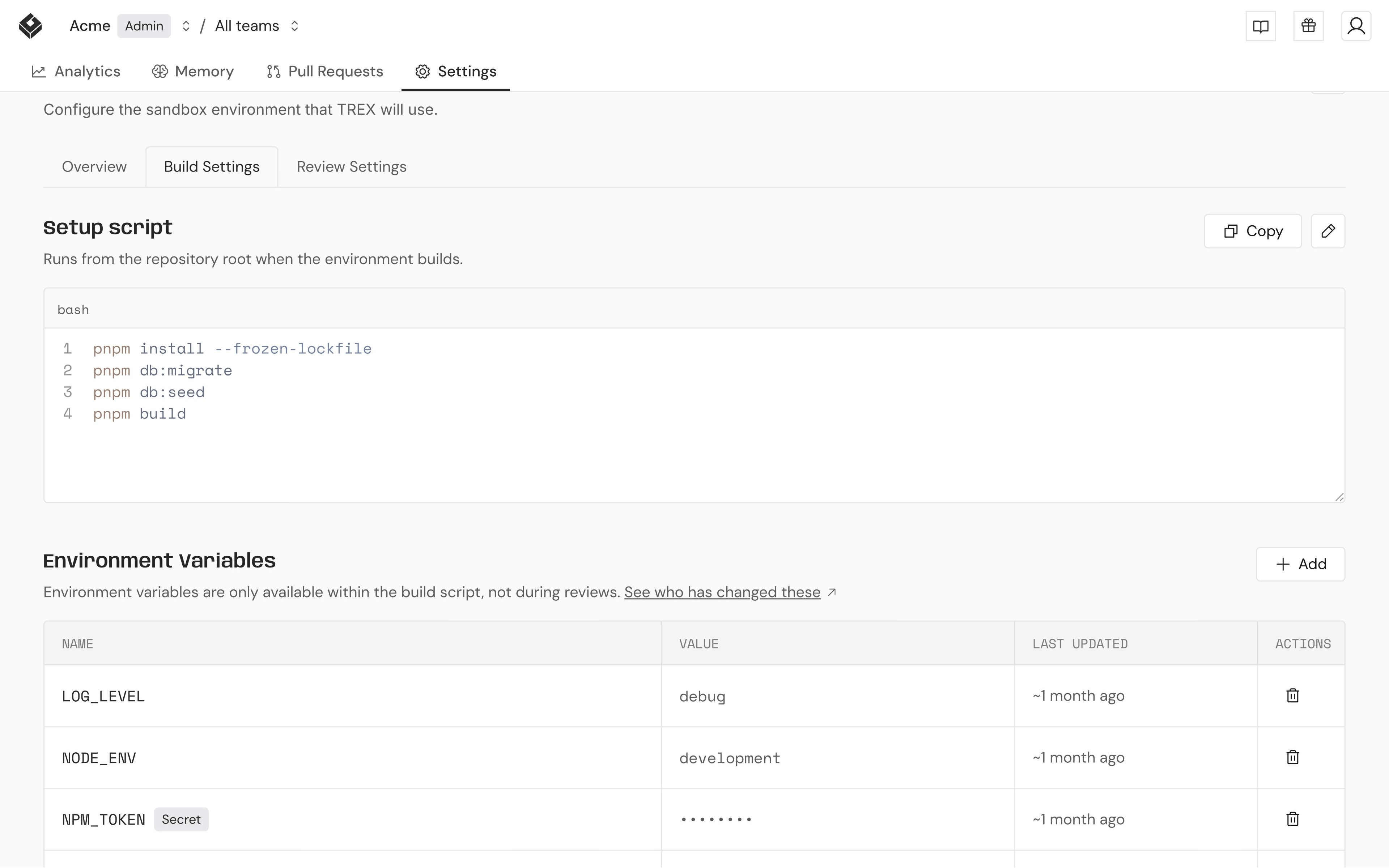 Environment build settings with setup script and variables