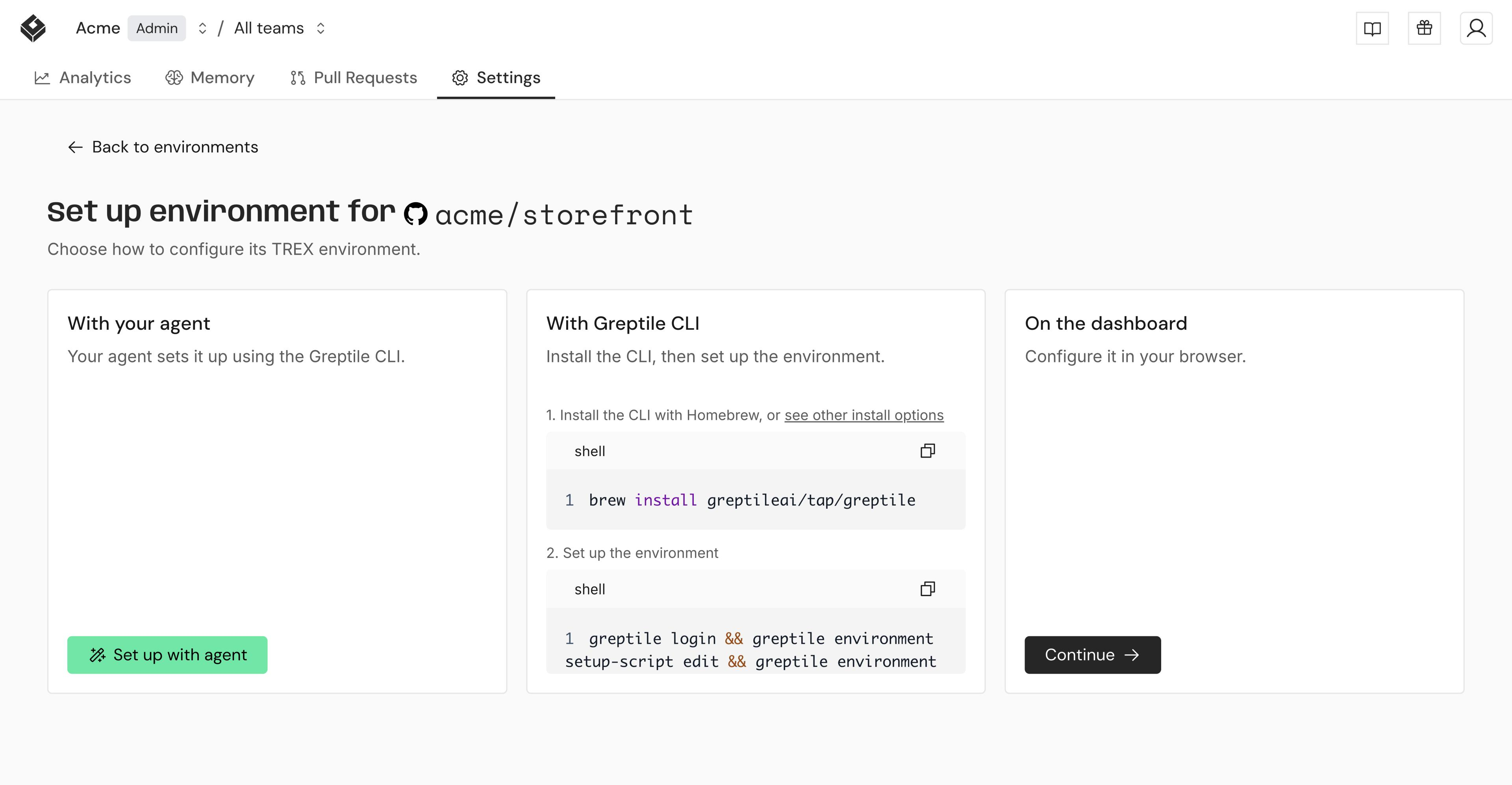 Environment setup options: agent, CLI, or dashboard