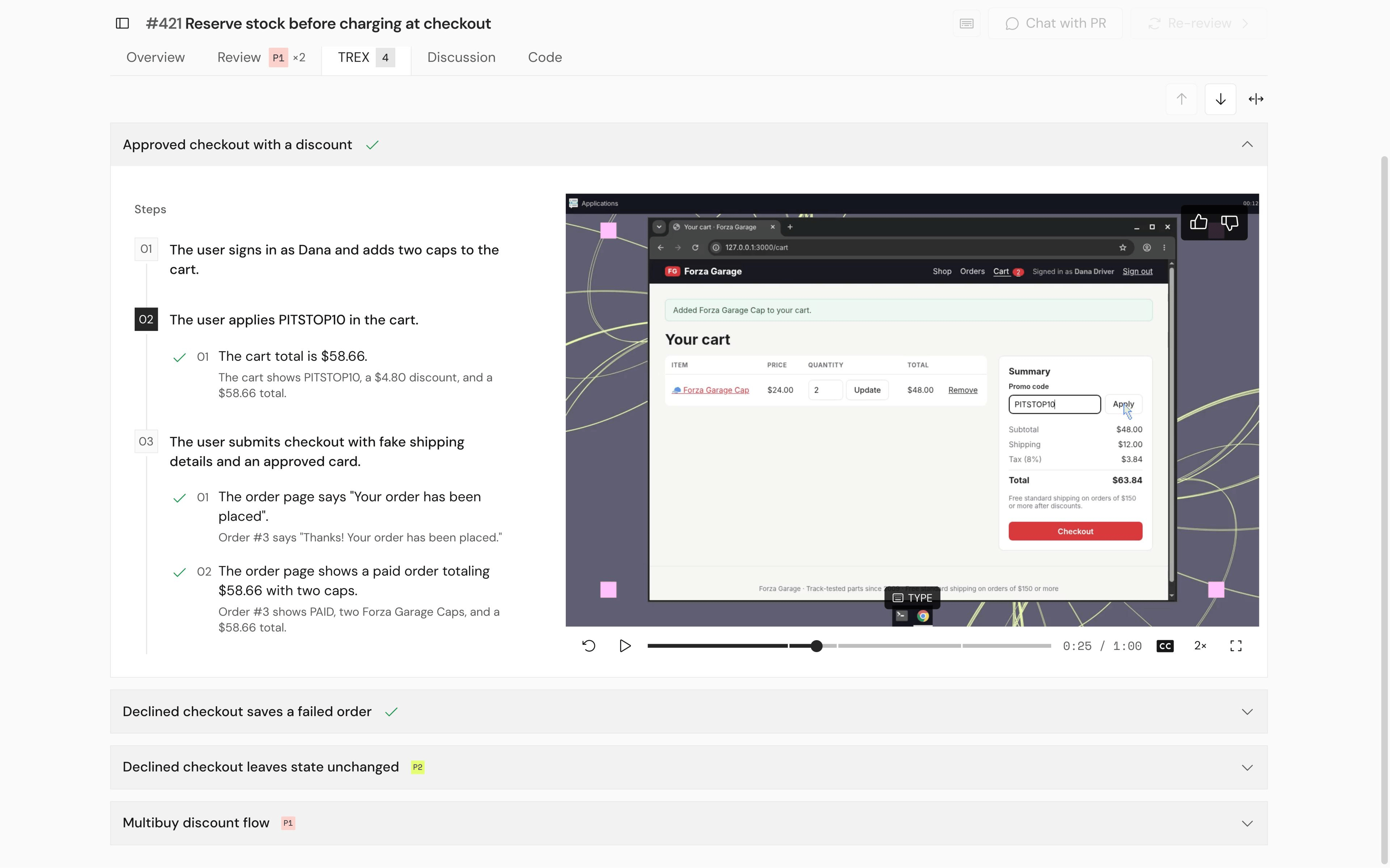 The TREX tab of a pull request with one flow open