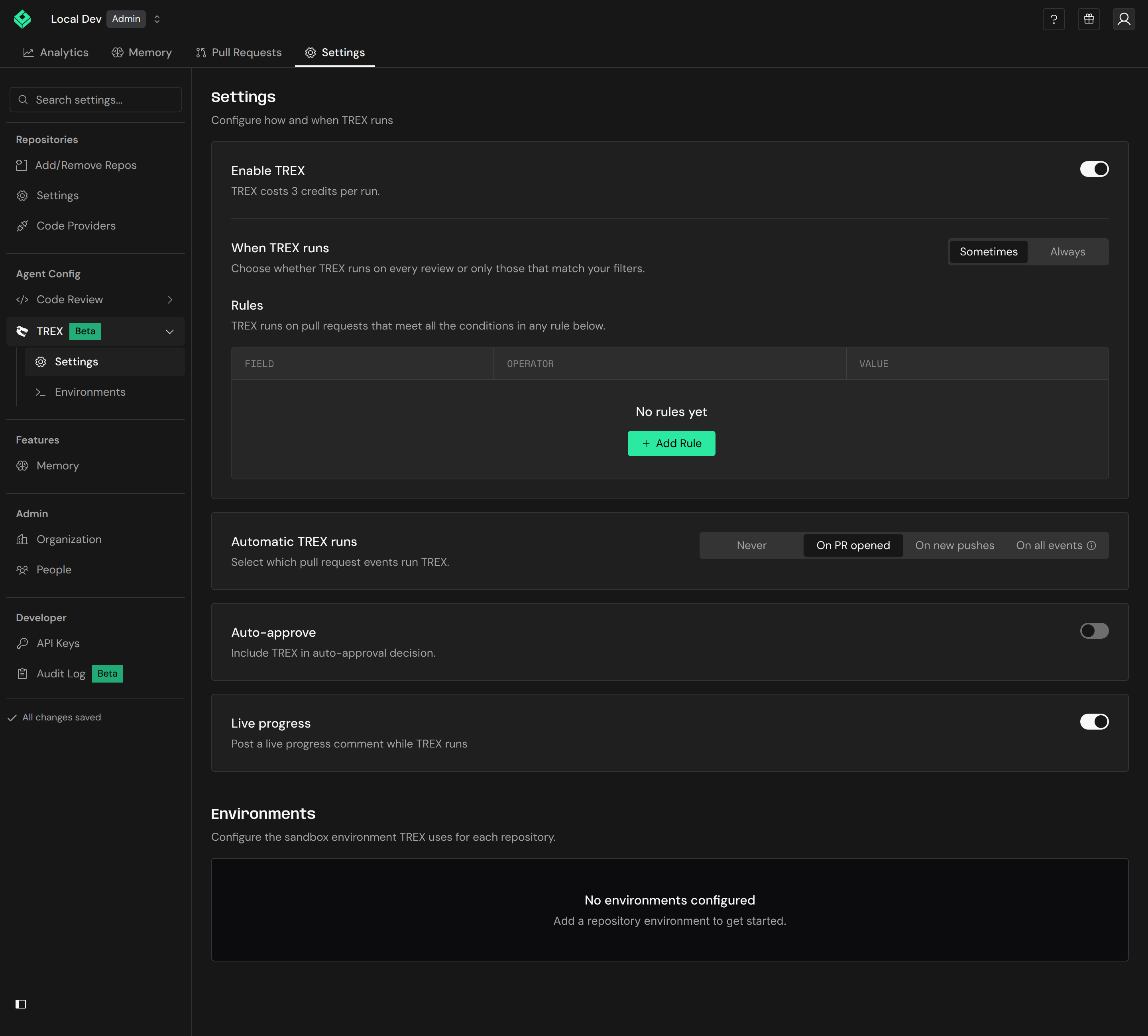 TREX settings: enable TREX, choose when it runs, and set automatic runs, auto-approve, and live progress