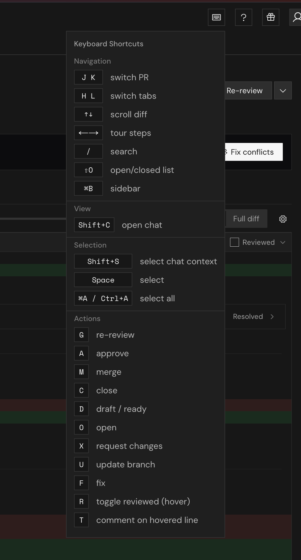 The Keyboard Shortcuts menu groups navigation, view, selection, and review actions.
