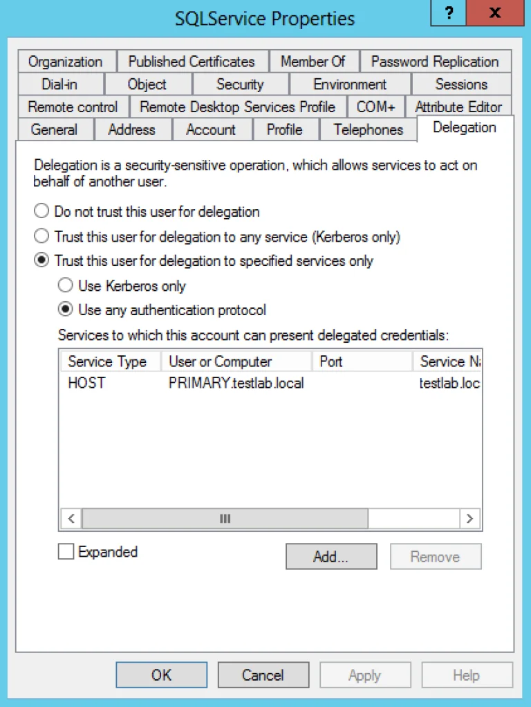 Windows AD delegation tab showing unconstrained and constrained delegation options