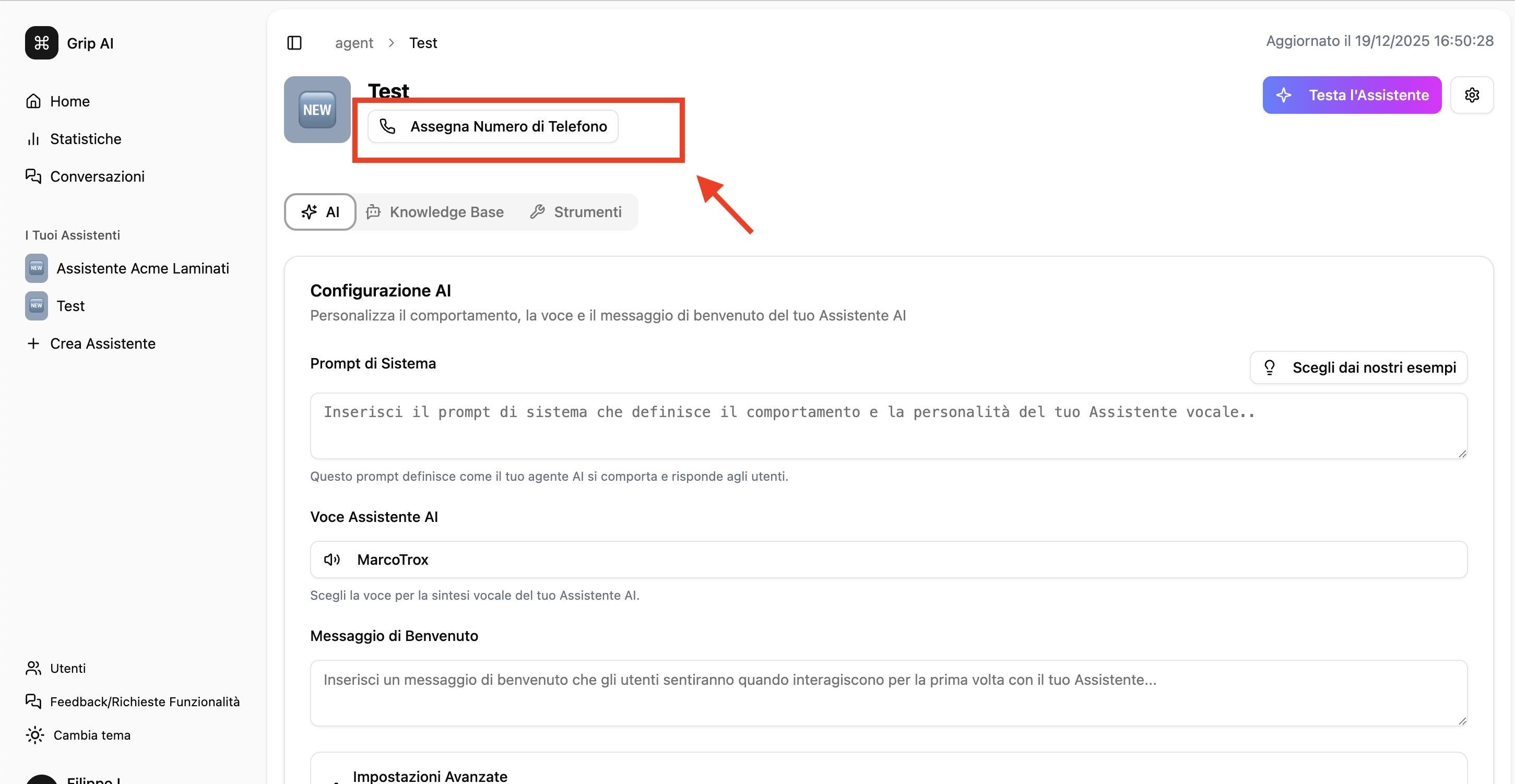 Schermata assegnazione numero di telefono