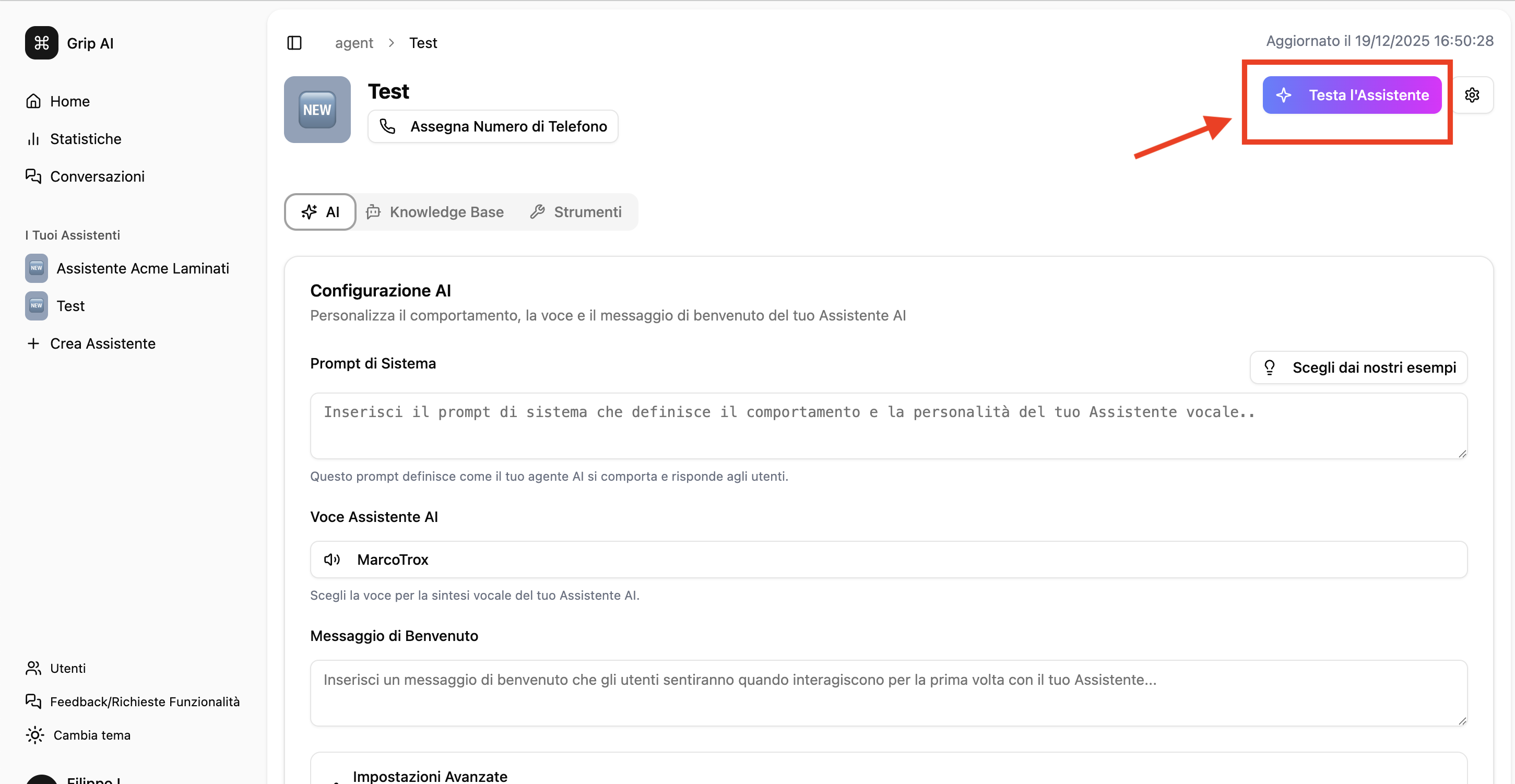 Schermata test assistente