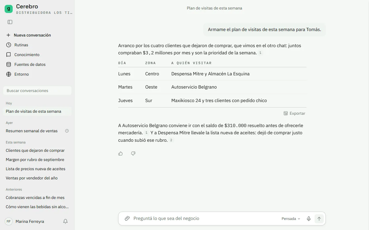 Respuesta con una tabla y el botón Exportar en su pie