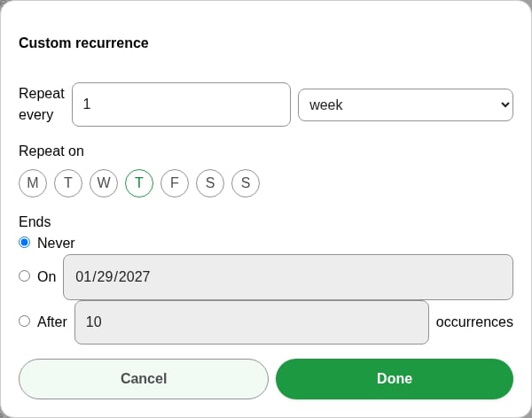The Custom recurrence dialog, set to repeat every 1 week on Thursday and never end