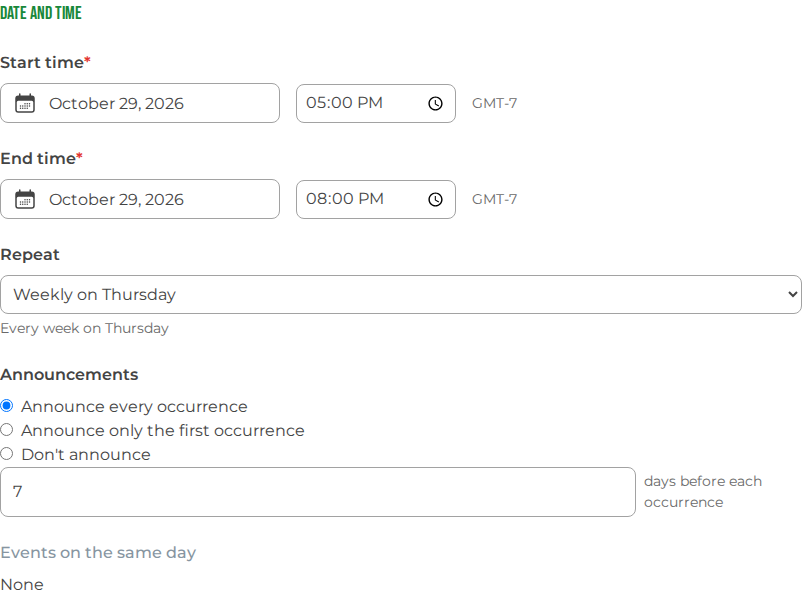 The Date and Time section of the event editor, with Repeat set to Weekly on Thursday and Announce every occurrence selected, 7 days before each occurrence