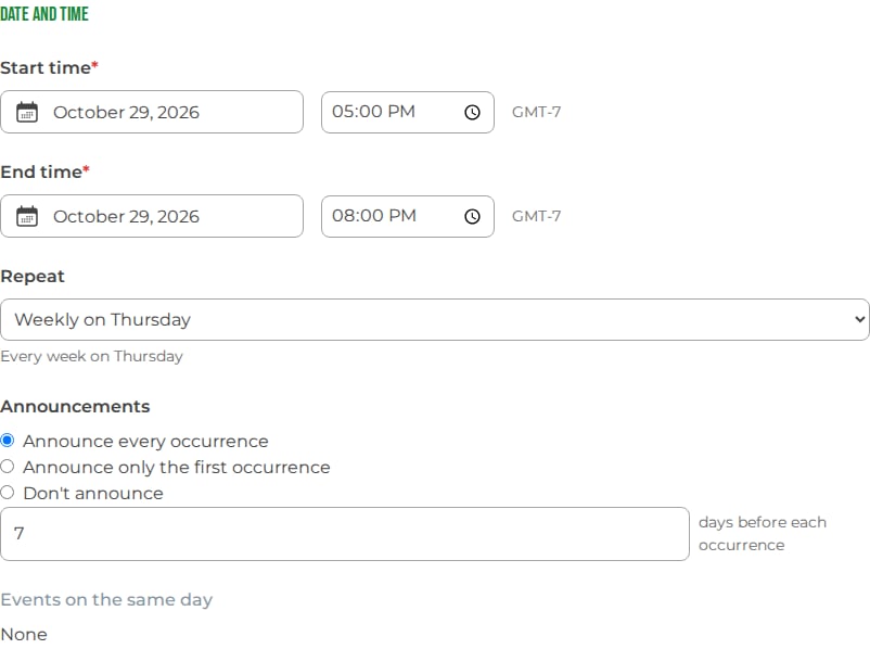 The Date and Time section of the event editor, with Repeat set to Weekly on Thursday and Announce every occurrence selected, 7 days before each occurrence