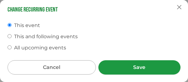 The Change recurring event dialog, offering This event, This and following events, and All upcoming events