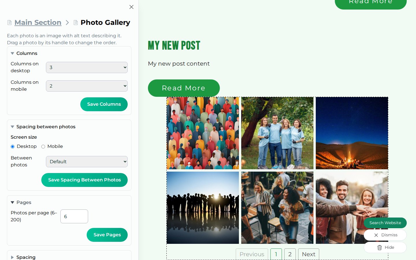 The Photo Gallery editor's Columns, Spacing between photos and Pages sections, beside the gallery on the page