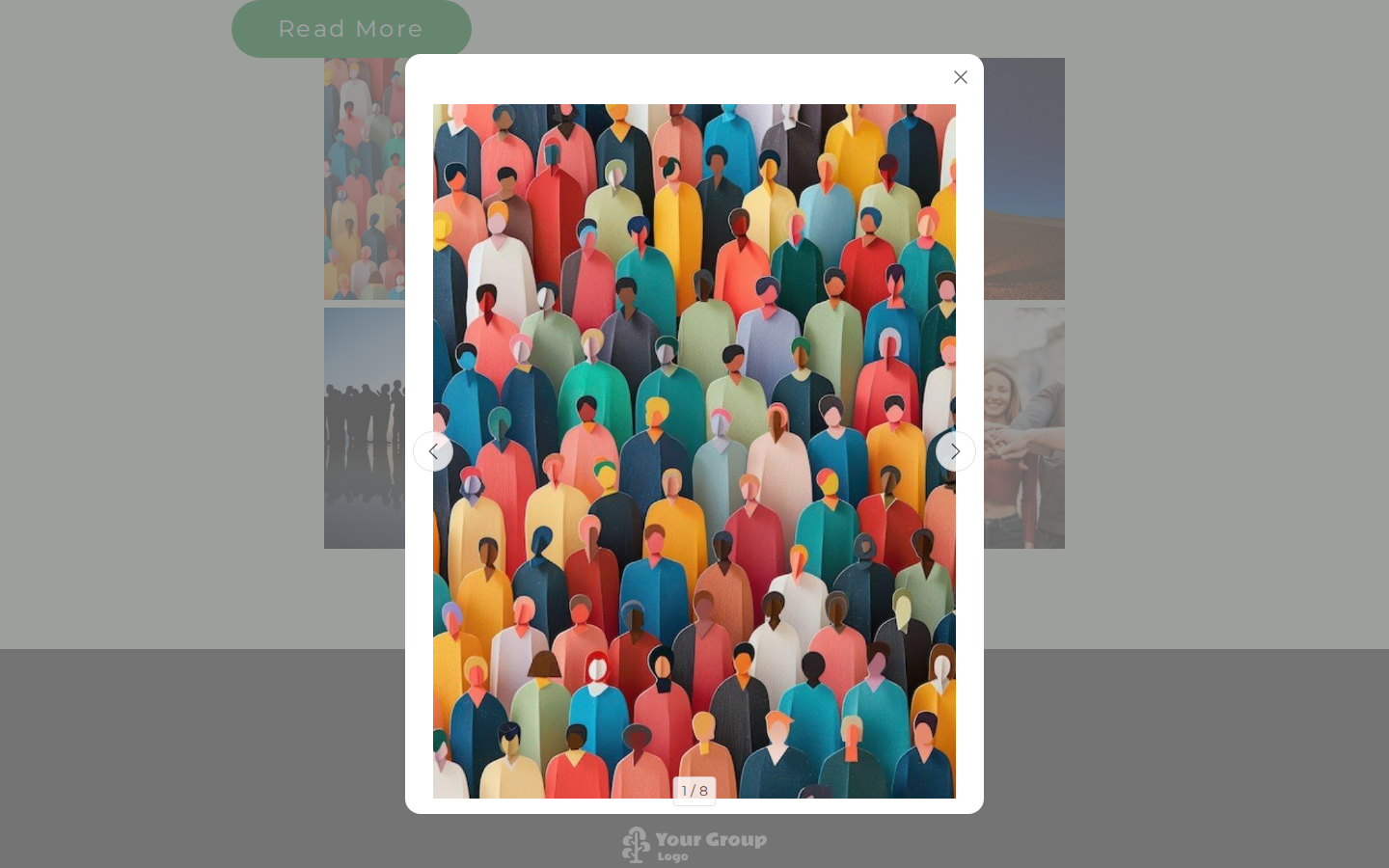 A photo shown full size over the page, with previous and next arrows, a close button, and 1 / 8 below it