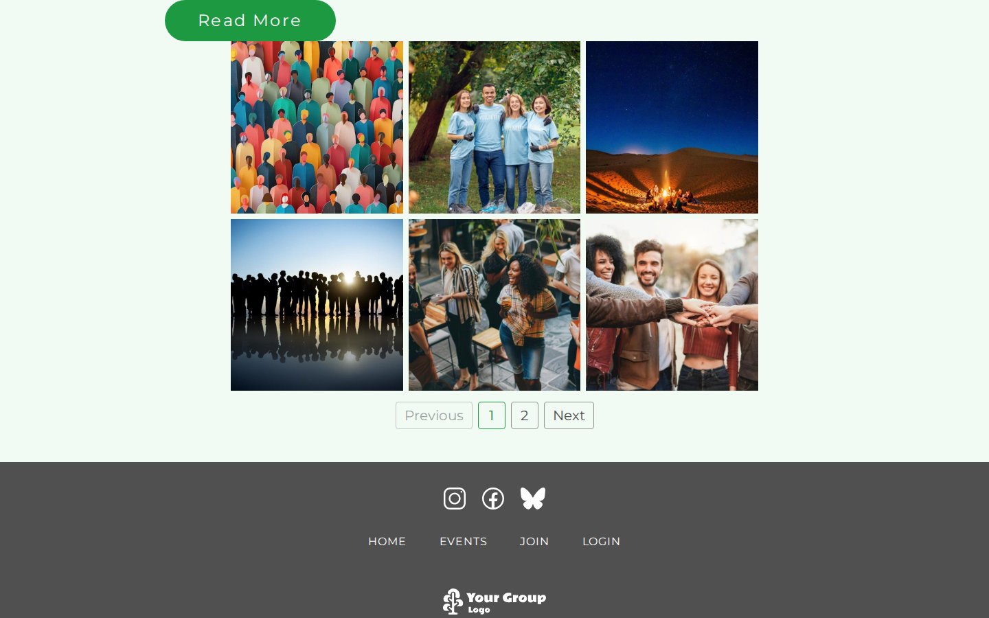 A Photo Gallery of six square photos in two rows of three, with Previous, 1, 2 and Next buttons below