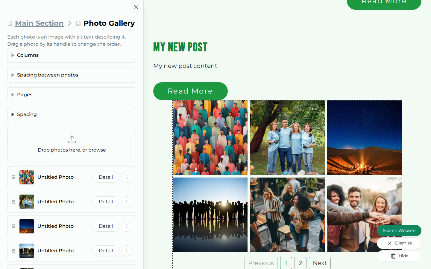 The Photo Gallery editor in the Edit Mode sidebar, listing photos with a drag handle, a Detail button and a menu beside each