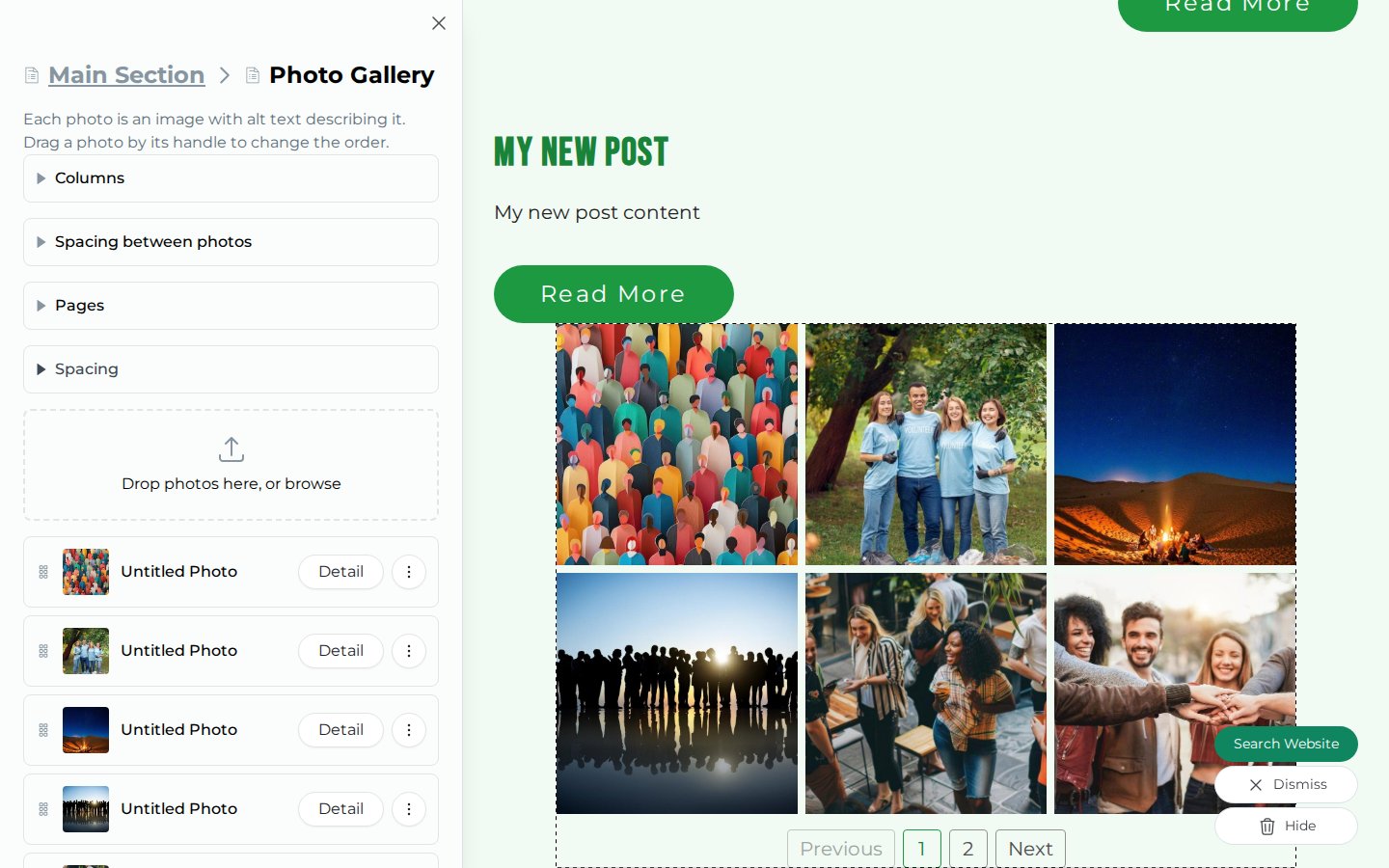The Photo Gallery editor in the Edit Mode sidebar, listing photos with a drag handle, a Detail button and a menu beside each