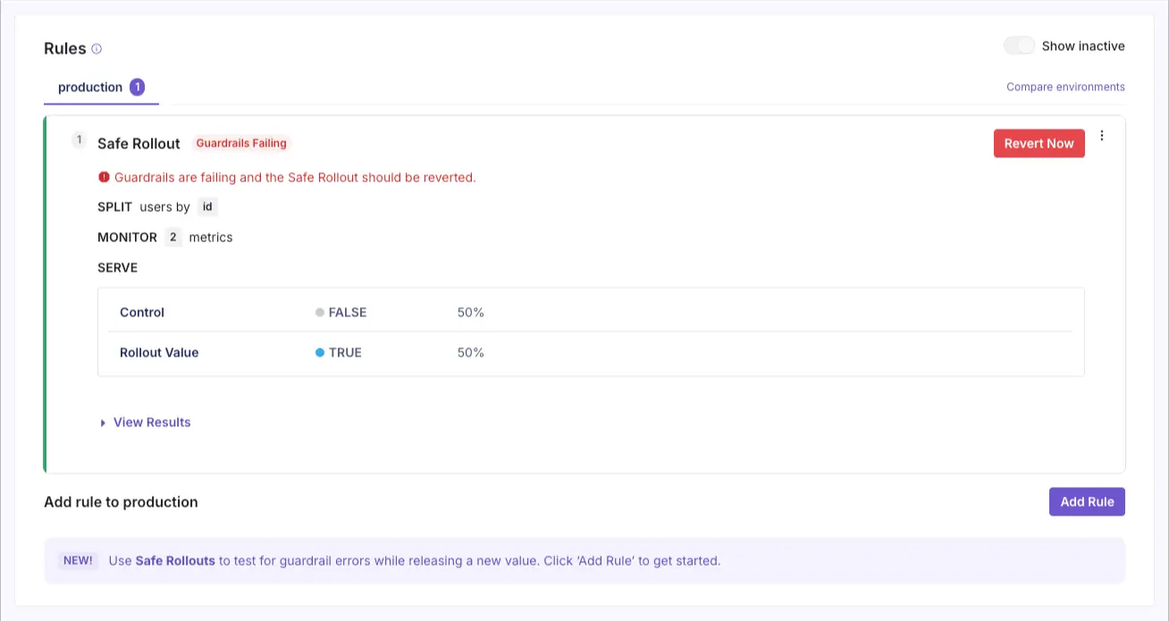 Feature rule card showing a Safe Rollout with a Guardrails Failing badge and a Revert Now button