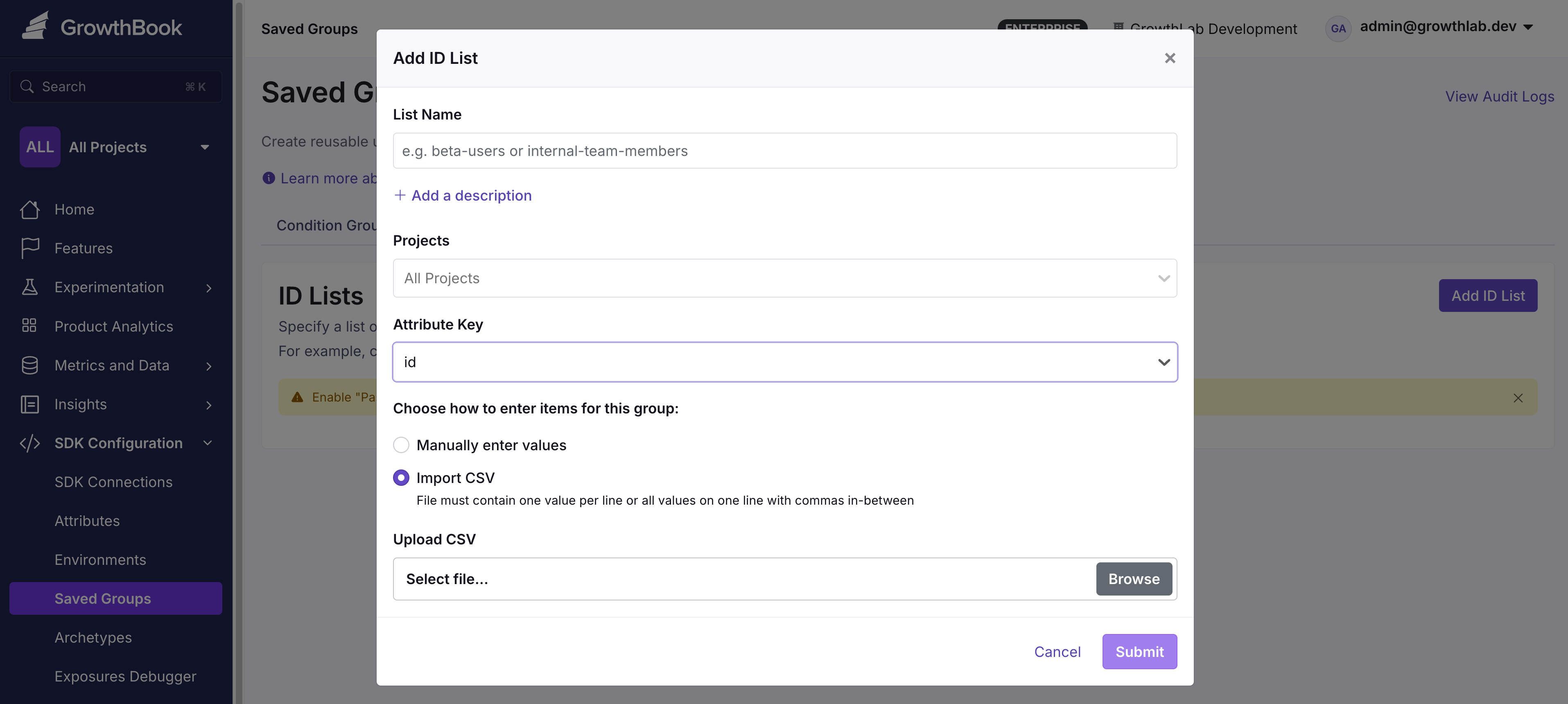 Saved Group UI, focusing on adding an ID list