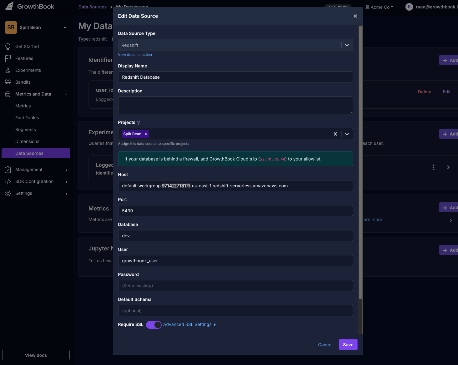 Redshift GrowthBook connection
