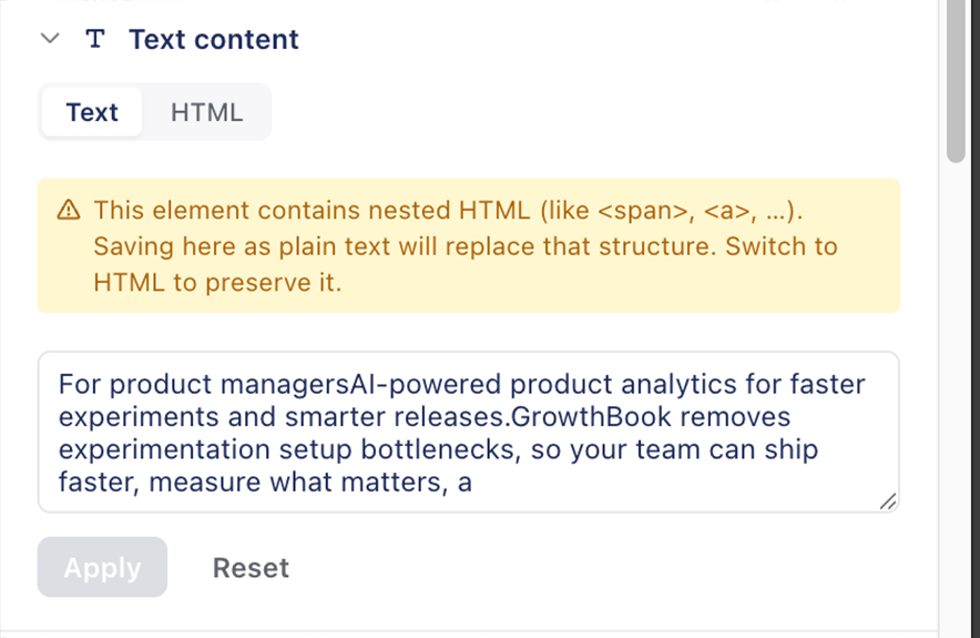 The GrowthBook Visual Editor HTML options