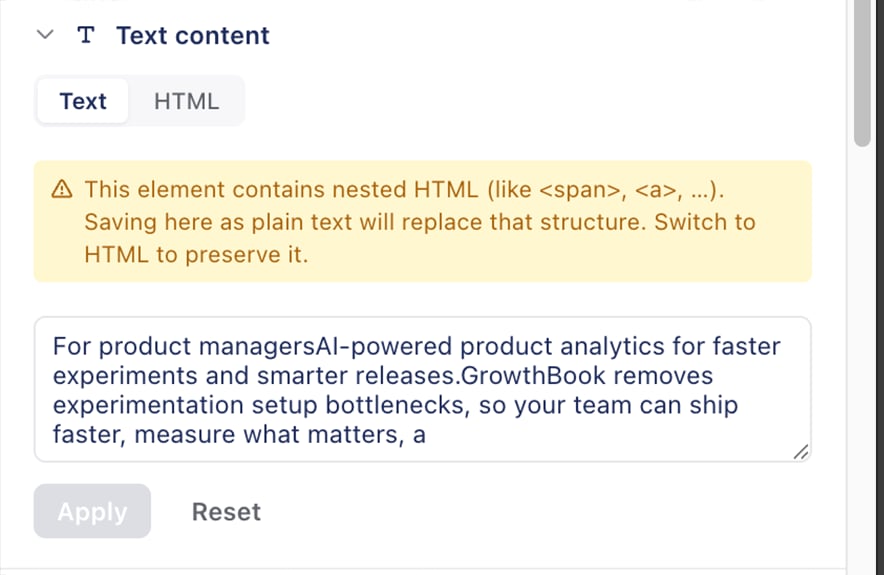 The GrowthBook Visual Editor HTML options