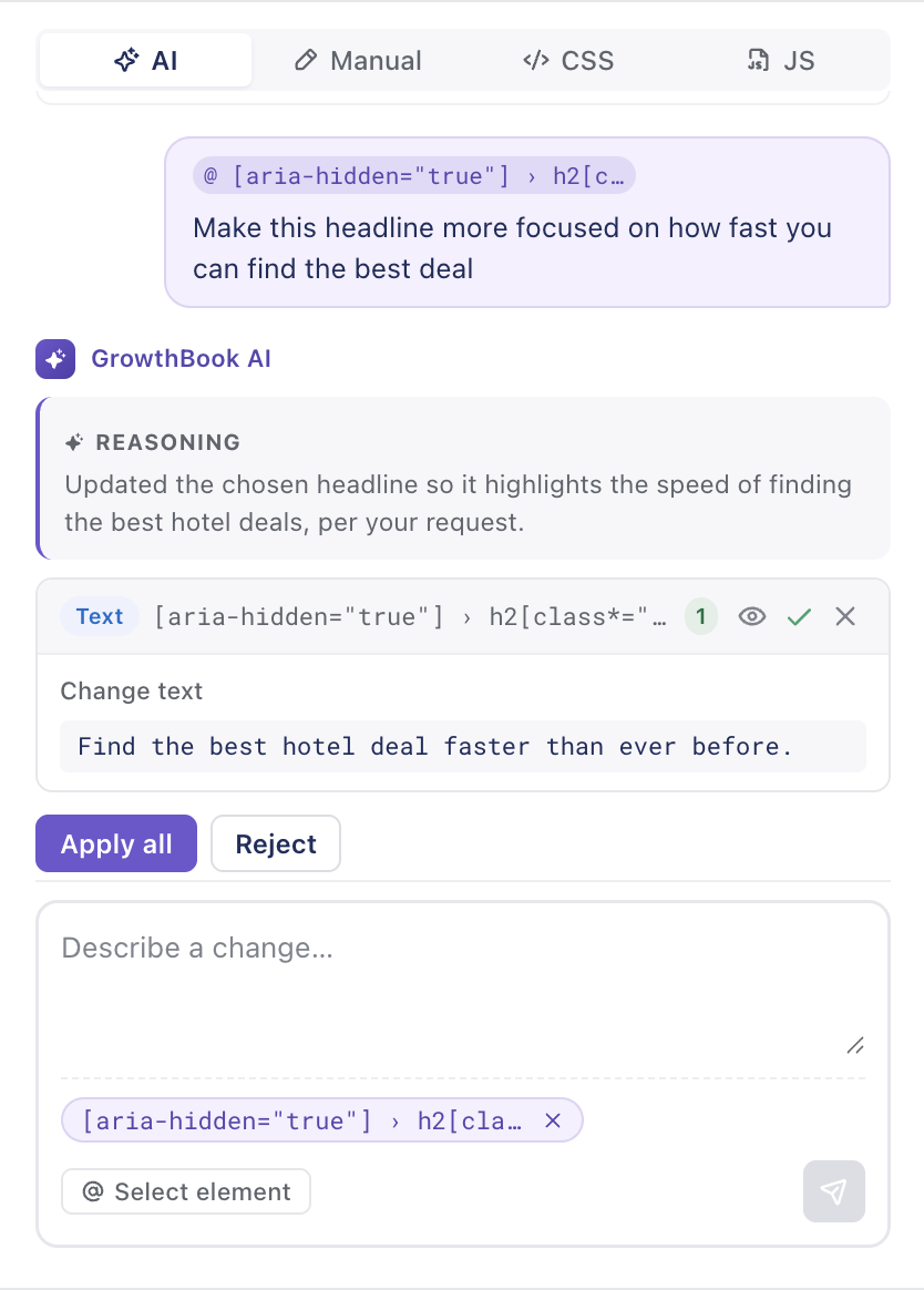 The GrowthBook Visual Editor AI Editor