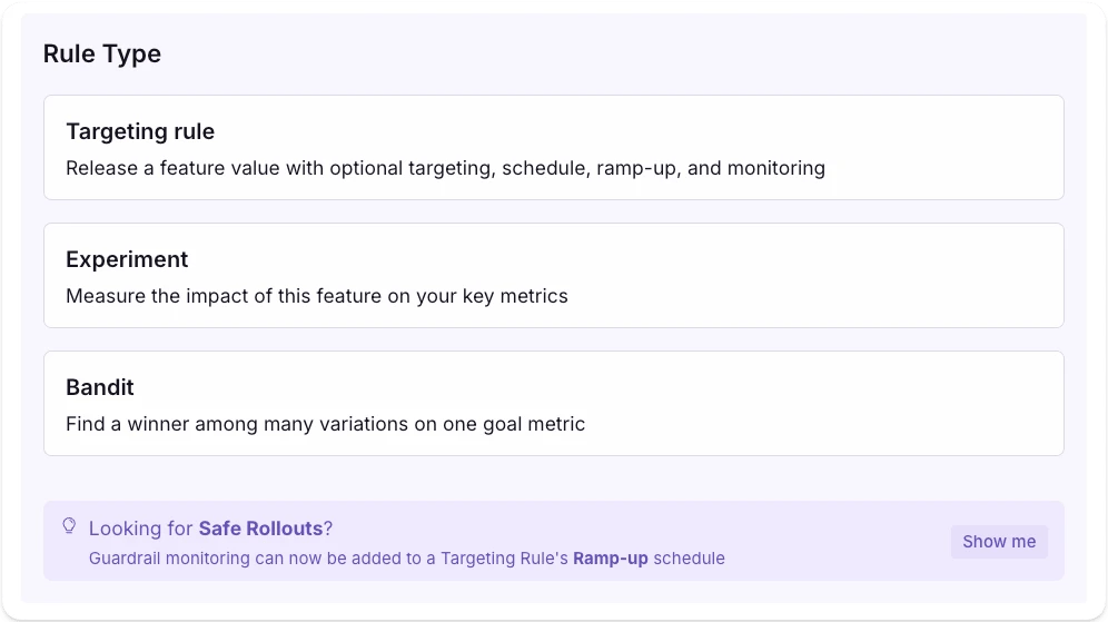 Rule type picker showing Targeting rule, Experiment, and Bandit, with a callout pointing to Safe Rollouts