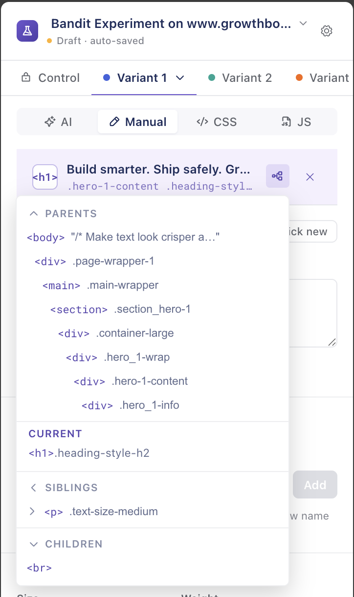 The Visual Editor tree selector, showing the selected element's parents, the current node, its siblings, and children