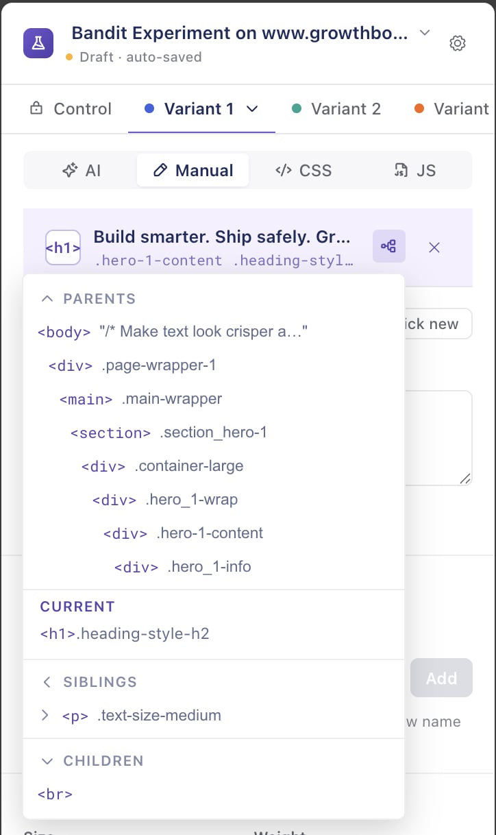 The Visual Editor tree selector, showing the selected element's parents, the current node, its siblings, and children