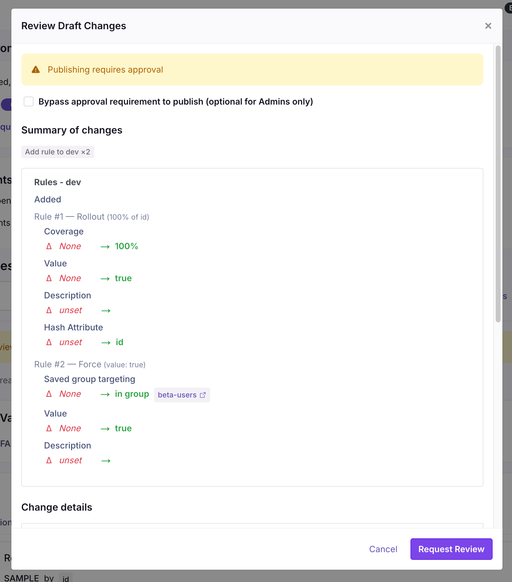 Diff view showing changes between published and draft versions