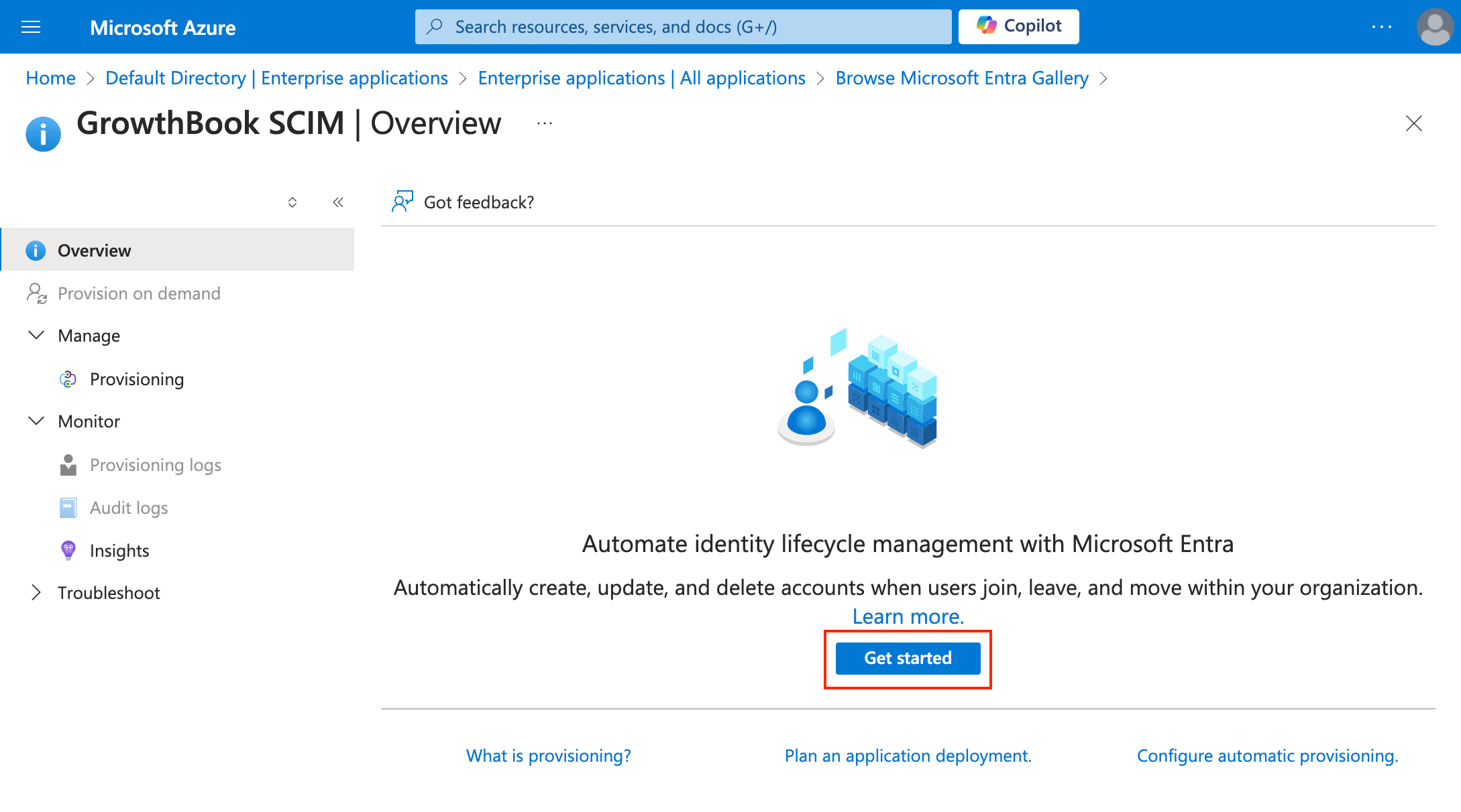 Microsoft Azure web app with the lifecycle management page