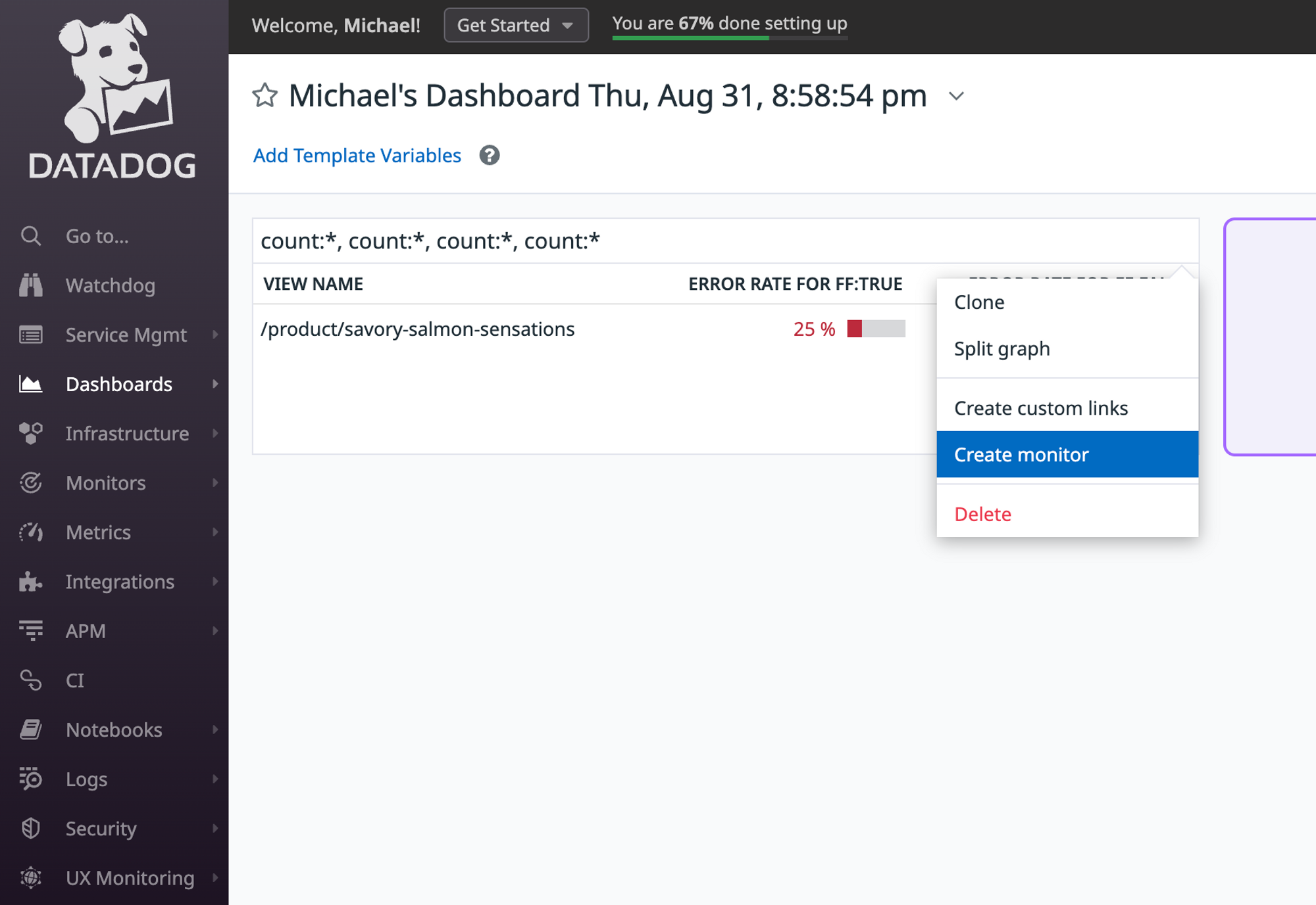Screenshot showing the "Create Monitor" option in a DataDog dashboard