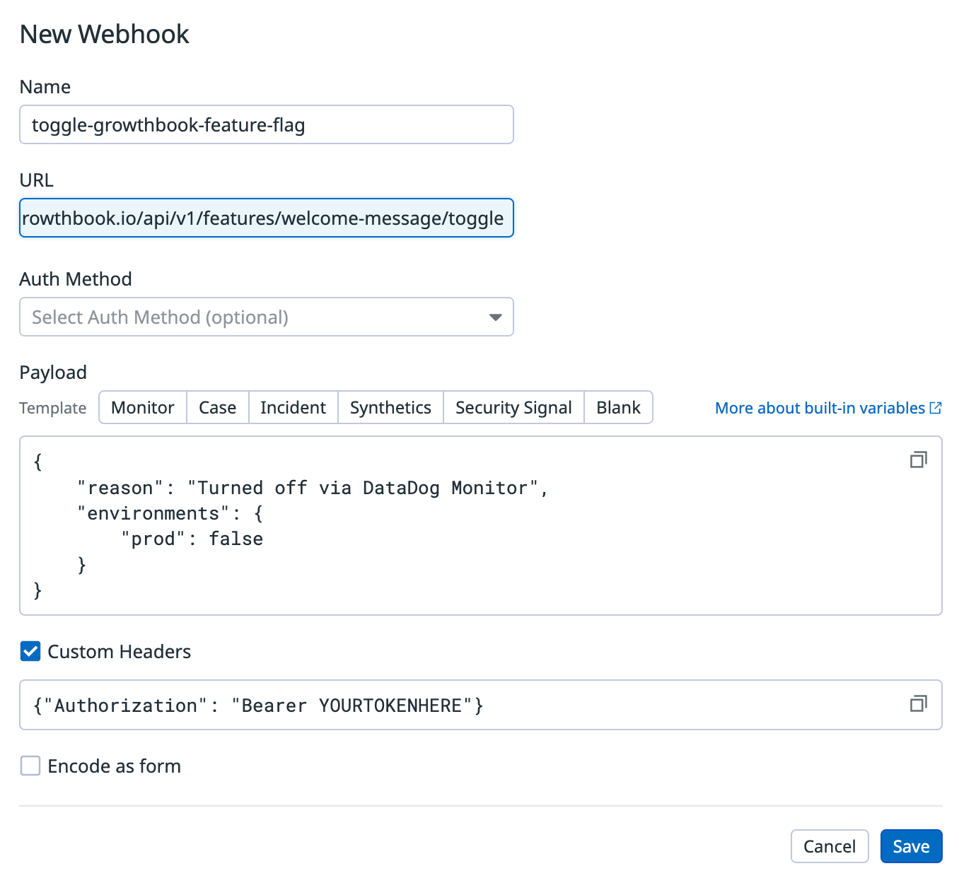 Screenshot customizing a webhook in DataDog to make a request to GrowthBook feature toggle endpoint