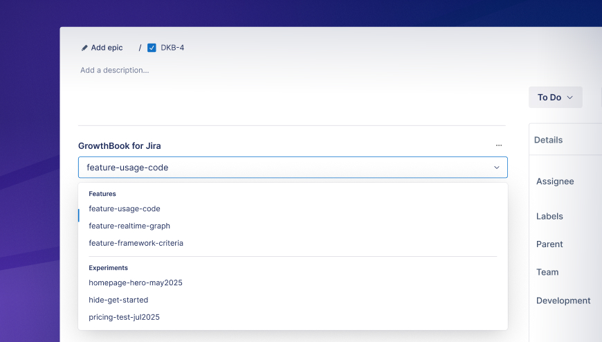 Select menu for GrowthBook for Jira