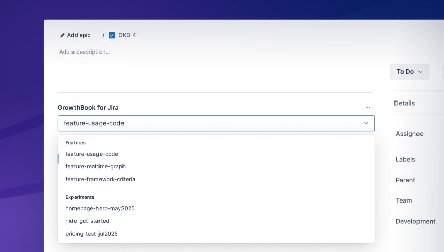 Select menu for GrowthBook for Jira