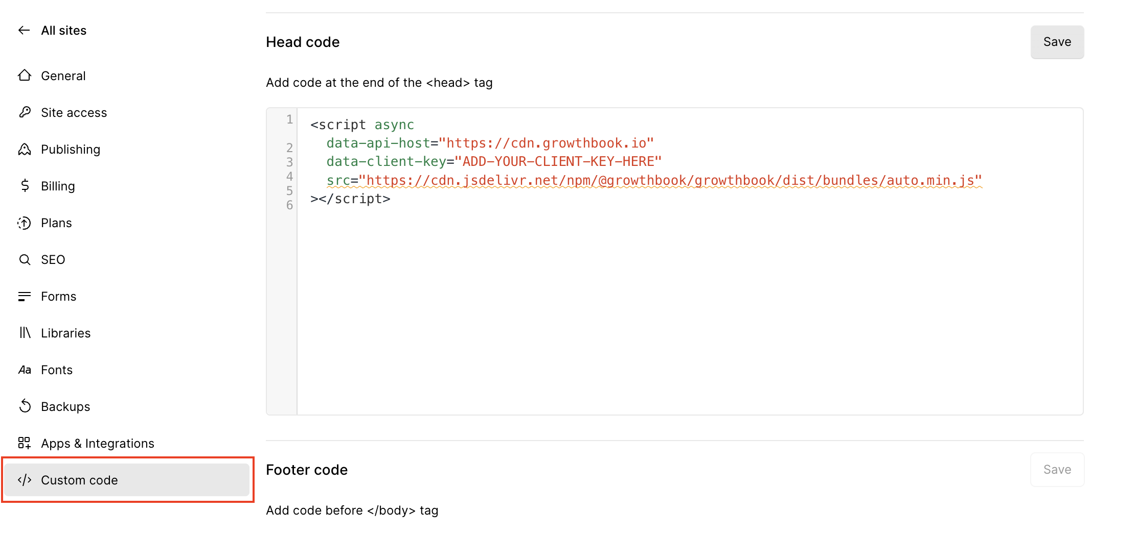 Webflow Custom Code with the GrowthBook snippet in Head Code