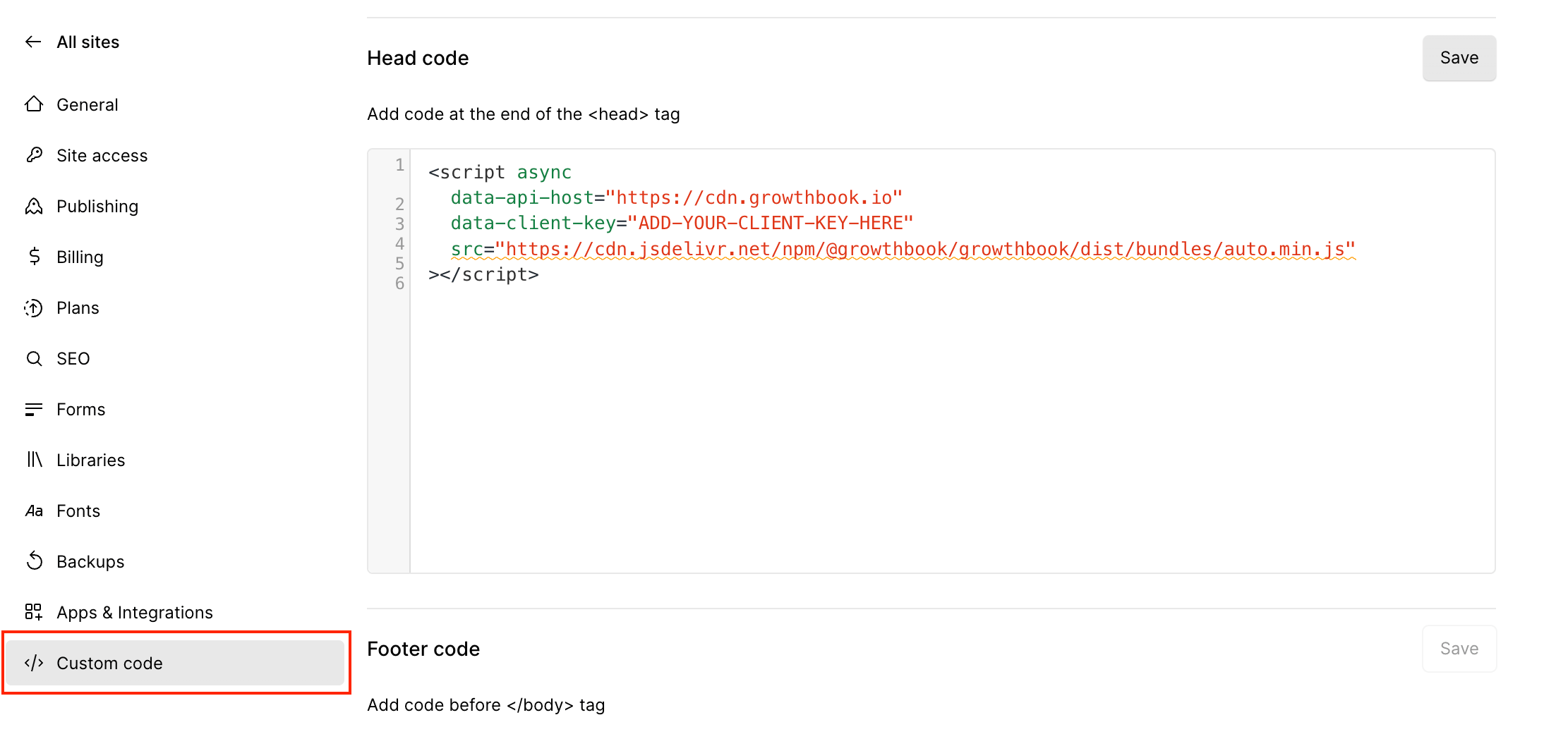 Webflow Custom Code with the GrowthBook snippet in Head Code