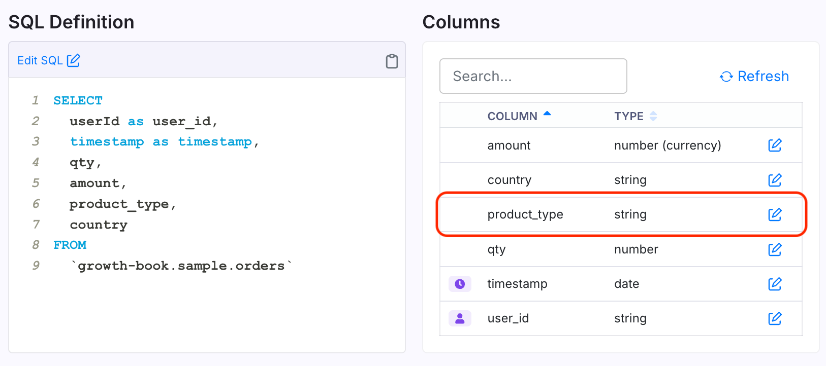 Configuring a column for metric slicing