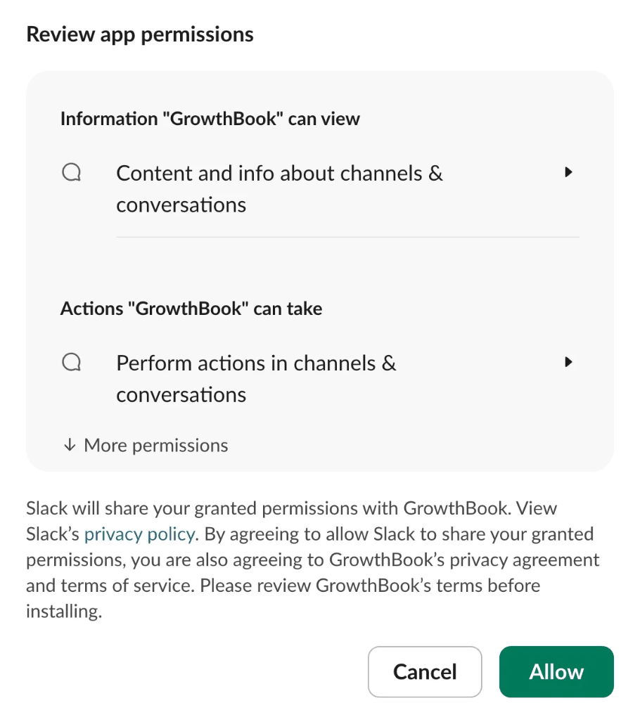 Slack's permission screen for the GrowthBook app, with Cancel and Allow buttons