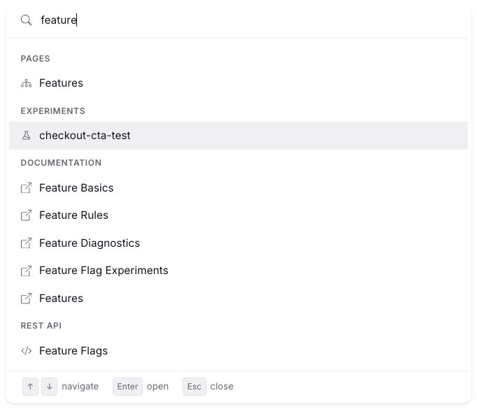 GrowthBook command palette open with a query and grouped results across pages, features, experiments, and metrics