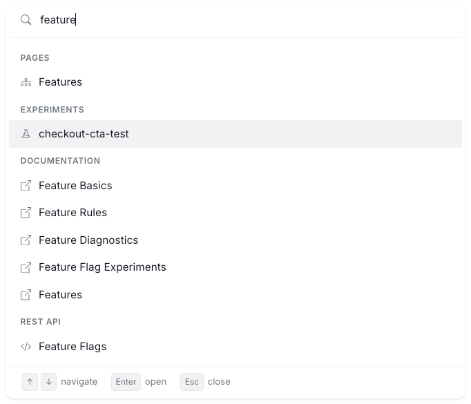 GrowthBook command palette open with a query and grouped results across pages, features, experiments, and metrics