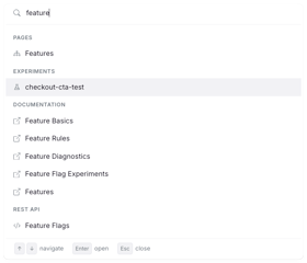 GrowthBook command palette open with a query and grouped results across pages, features, experiments, and metrics