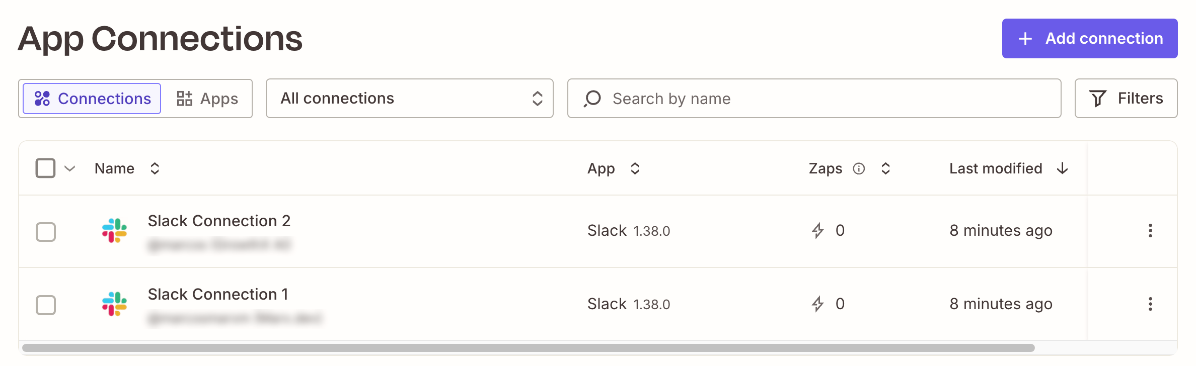 Zapier App Connections page listing authorized Slack workspaces