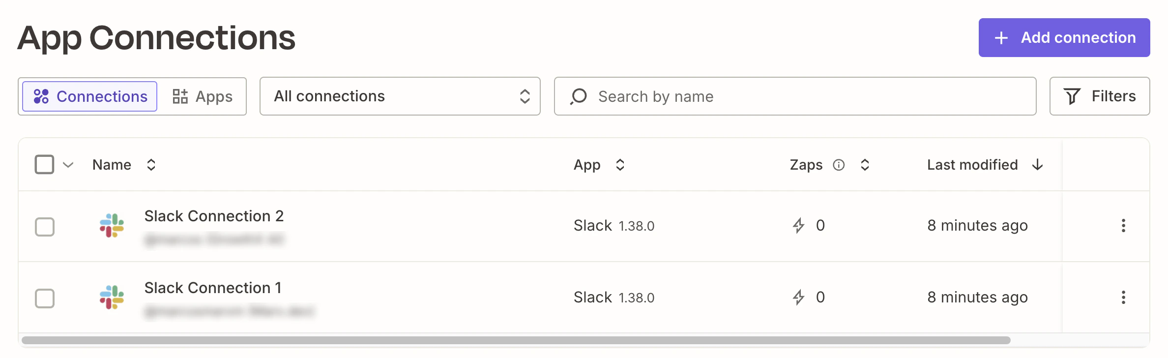 Zapier App Connections page listing authorized Slack workspaces